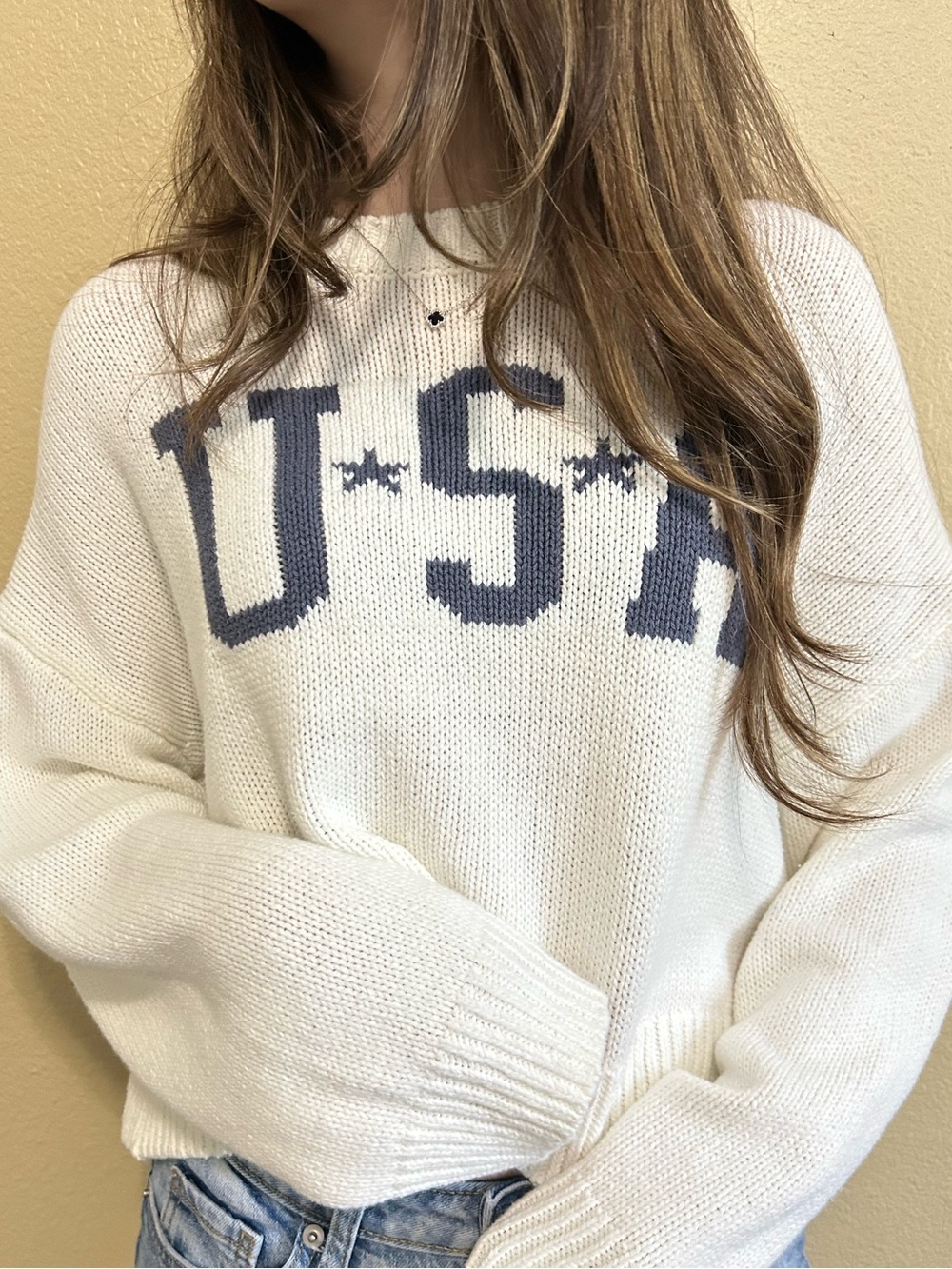 Grayson Threads White Crewneck Sweater with Navy 'USA' Intarsia